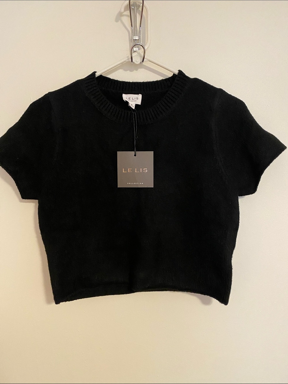 NWT Le Lis Black Knit Crop Short Sleeve Crew Sweater